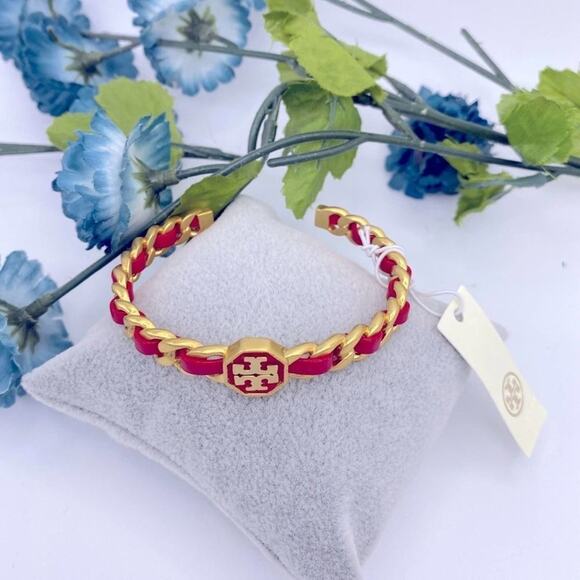 NWOT Tory Burch Gemini Red Leather Cuff Bracelet - Picture 2 of 7